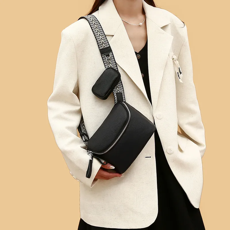 Women Fashion Simple Genuine Leather Wide Strap Chest Bag with Zipper Closure