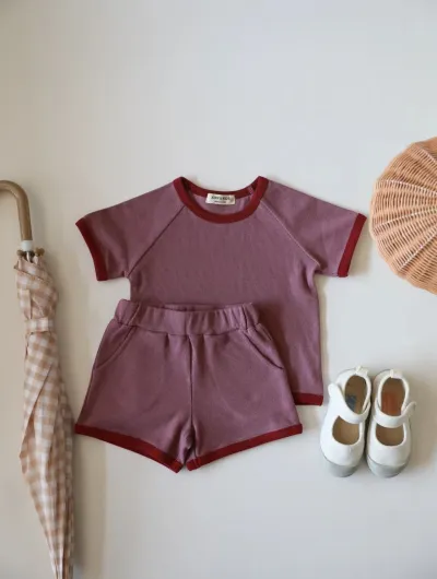 Kids Baby Boys Girls Casual Cute Solid Color Rib-Knit Short Sleeve T-Shirt Shorts Set