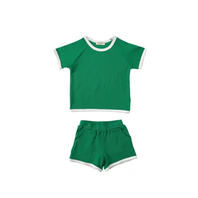 Kids Baby Boys Girls Casual Cute Solid Color Rib-Knit Short Sleeve T-Shirt Shorts Set