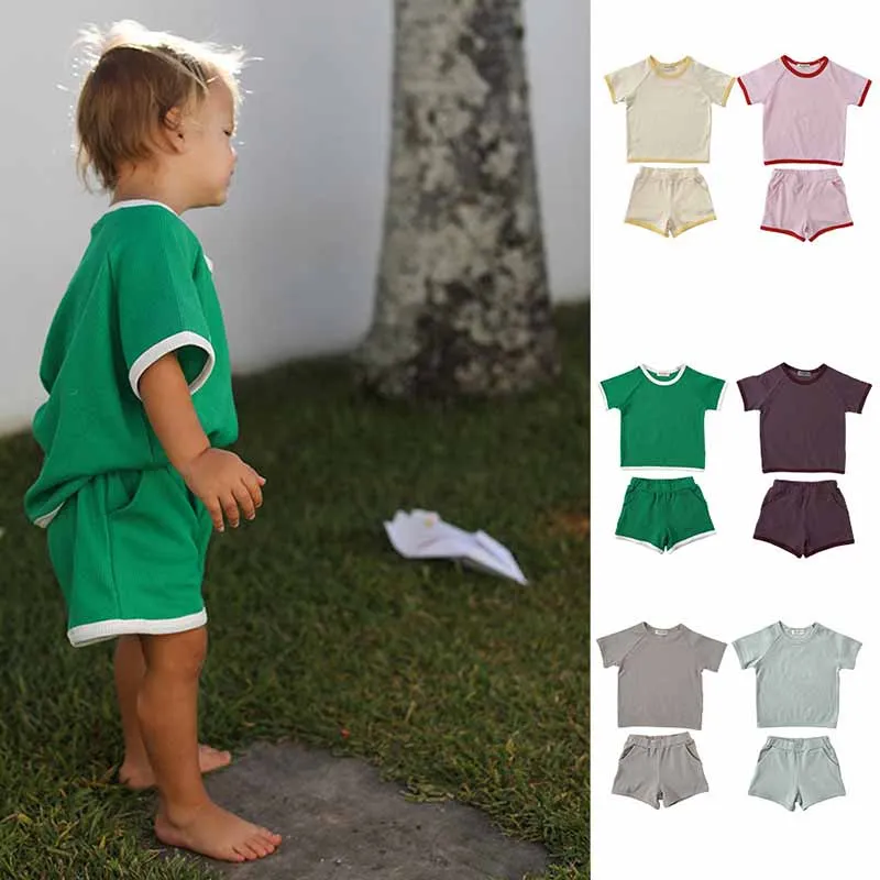Kids Baby Boys Girls Casual Cute Solid Color Rib-Knit Short Sleeve T-Shirt Shorts Set