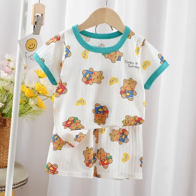 Kids Baby Boys Girls Casual Cartoon Print Short Sleeve T-Shirt Shorts Set 100% Cotton Leisure Crewneck