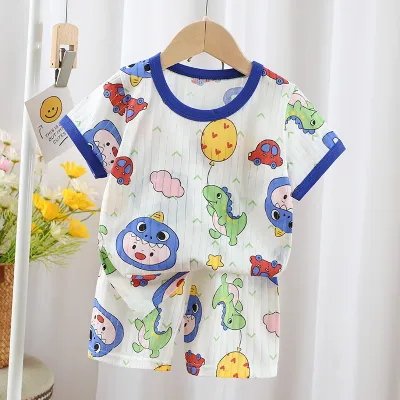 Kids Baby Boys Girls Casual Cartoon Print Short Sleeve T-Shirt Shorts Set 100% Cotton Leisure Crewneck