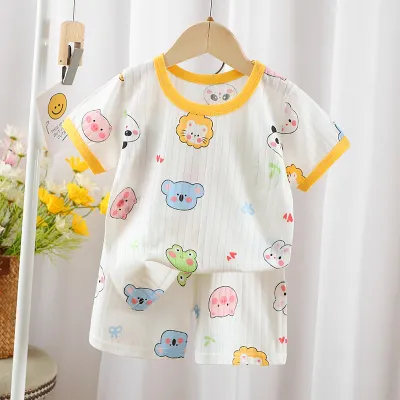 Kids Baby Boys Girls Casual Cartoon Print Short Sleeve T-Shirt Shorts Set 100% Cotton Leisure Crewneck