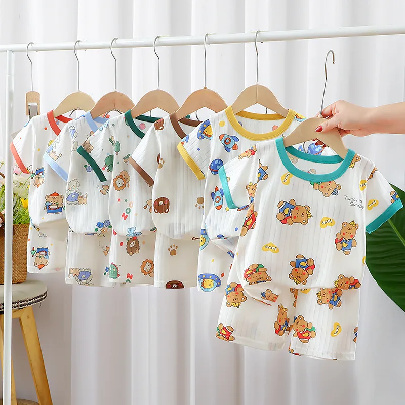 Kids Baby Boys Girls Casual Cartoon Print Short Sleeve T-Shirt Shorts Set 100% Cotton Leisure Crewneck