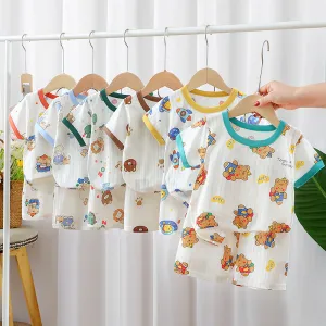 Kids Baby Boys Girls Casual Cartoon Print Short Sleeve T-Shirt Shorts Set 100% Cotton Leisure Crewneck