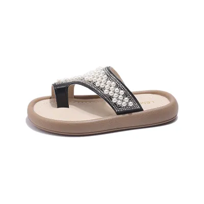 Kids Girls Casual Cute Pearl Rhinestone Slippers PU Upper Solid Color