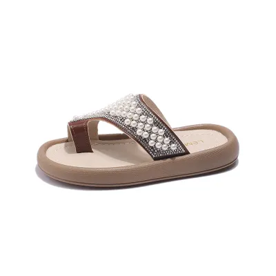 Kids Girls Casual Cute Pearl Rhinestone Slippers PU Upper Solid Color