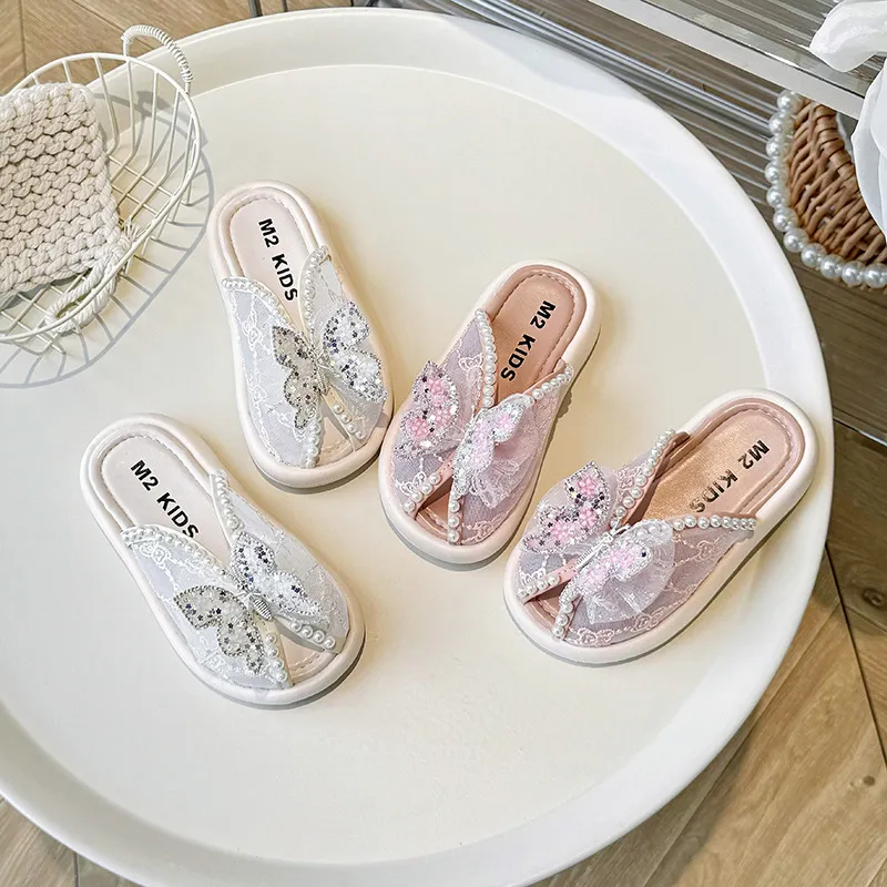 Kids Girls Casual Rhinestone Pearl Bow Flat Thick-Soled Slippers PU Upper PVC Sole