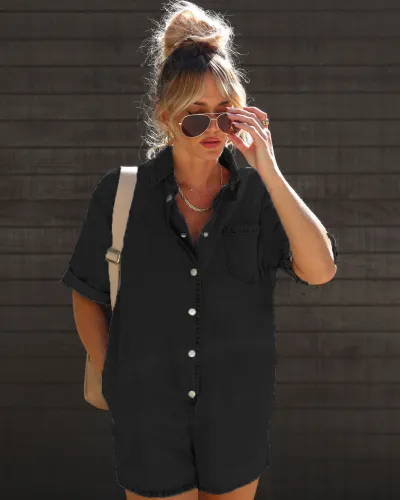 Women Casual Denim Rompers with Lapel Button