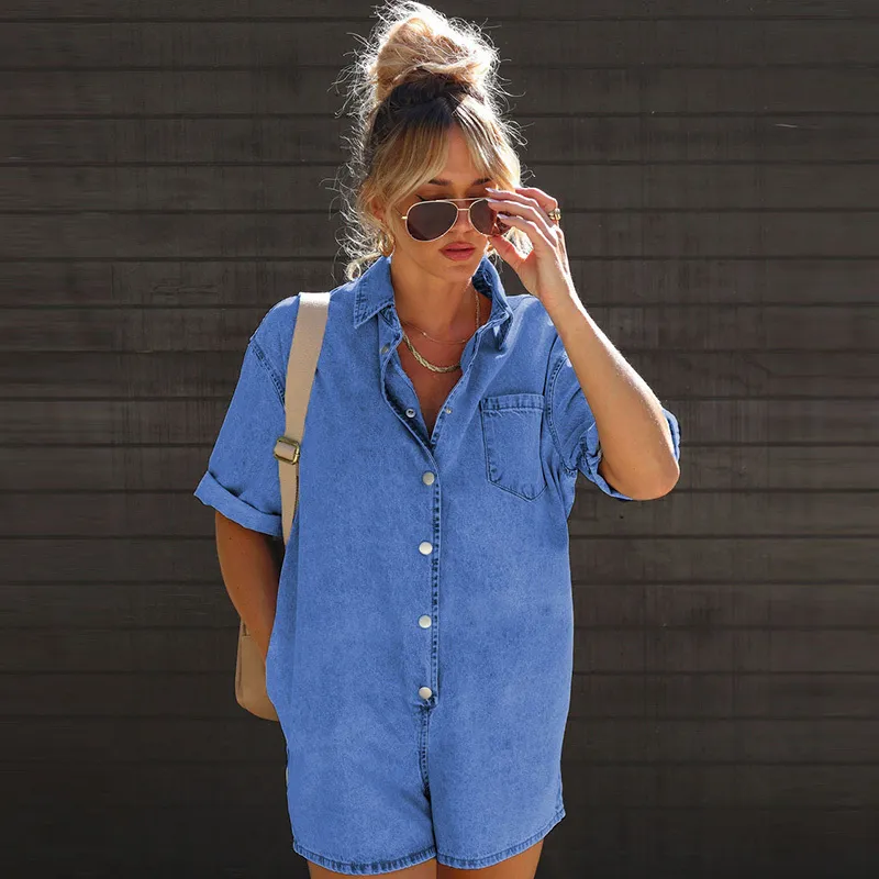Women Casual Denim Rompers with Lapel Button