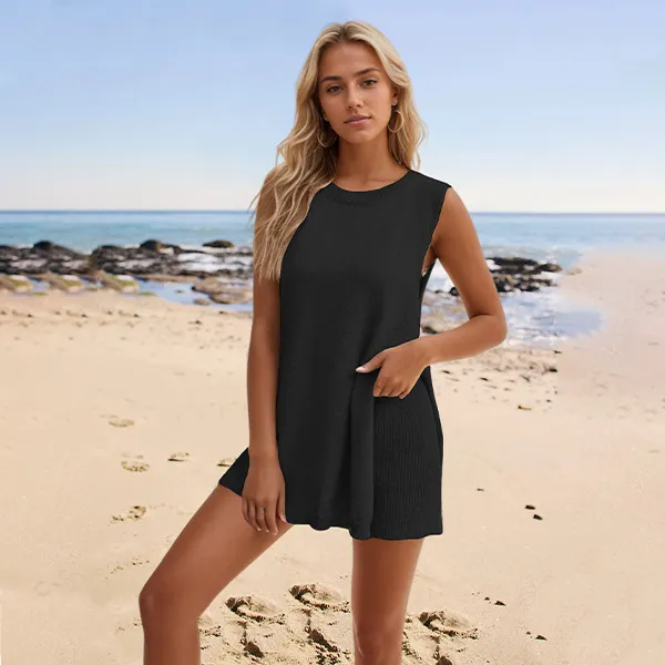 Summer Women Knitted Sleeveless Top Bermuda Shorts Two-Piece Set