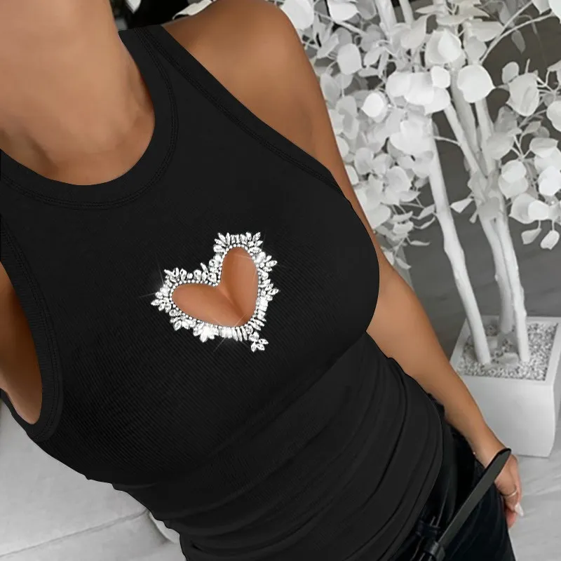Summer Women Fashion Sexy Heart-Shaped Hollow Rhinestone Tank Top
