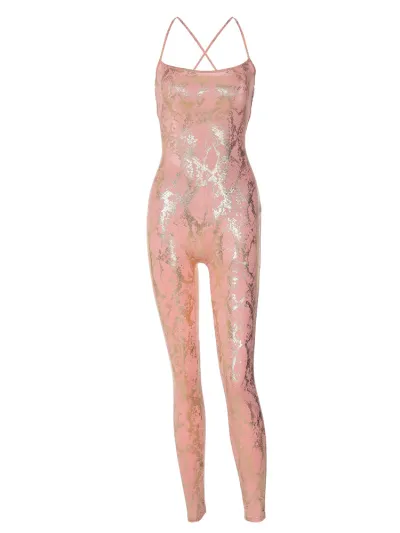 Women Fashion Sexy High Waist Bronzing Slim-Fit Backless Strap Sleeveless Jumpsuits