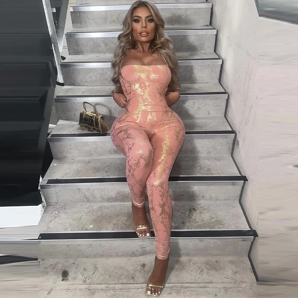 Women Fashion Sexy High Waist Bronzing Slim-Fit Backless Strap Sleeveless Jumpsuits