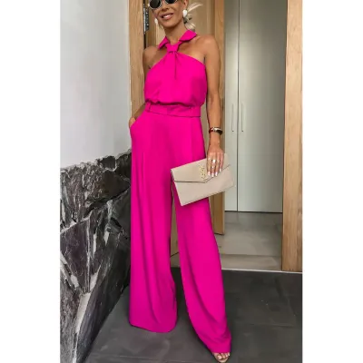 Summer Women Casual Sleeveless Halter Neck Solid Color Wide Leg Jumpsuits