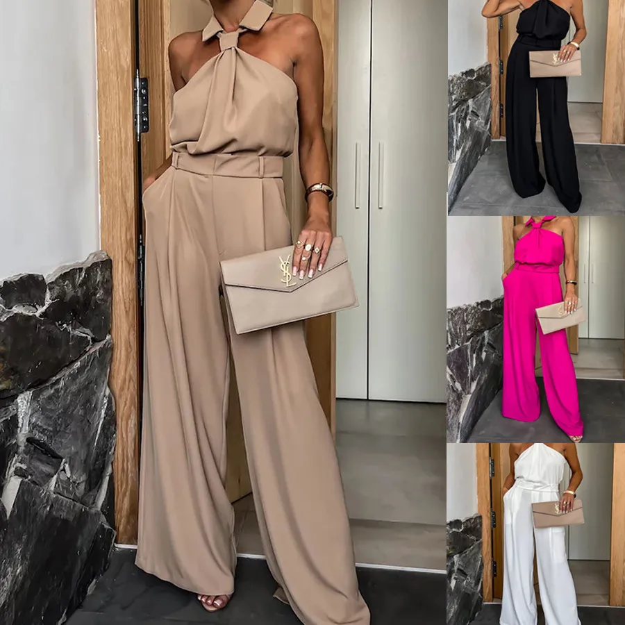 Summer Women Casual Sleeveless Halter Neck Solid Color Wide Leg Jumpsuits