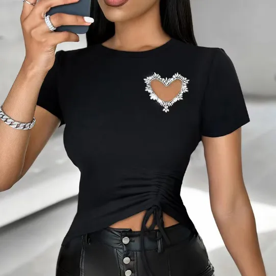 Summer Women Fashion Heart-Shaped Hollow Rhinestone Crewneck Short-Sleeved Drawstring T-Shirt