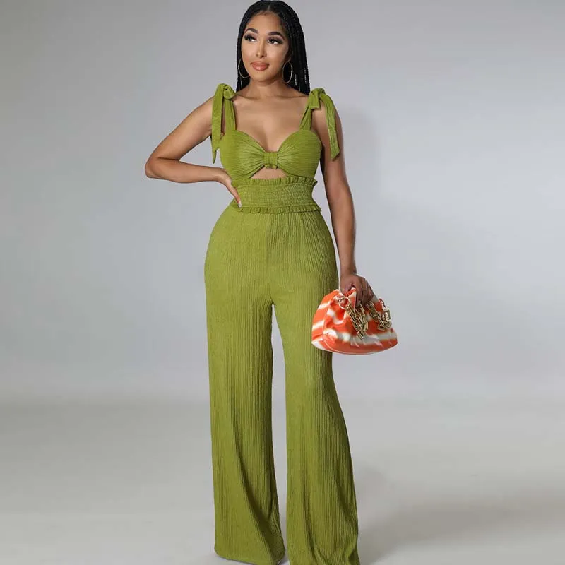 Summer Women Fashion Solid Color Sleeveless Strap Wide Leg Jumpsuits