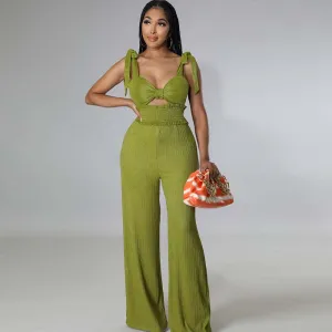 Summer Women Fashion Solid Color Sleeveless Strap Wide Leg Jumpsuits