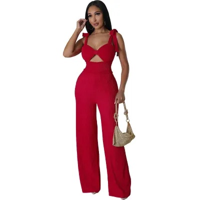 Summer Women Fashion Solid Color Sleeveless Strap Wide Leg Jumpsuits