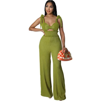 Summer Women Fashion Solid Color Sleeveless Strap Wide Leg Jumpsuits