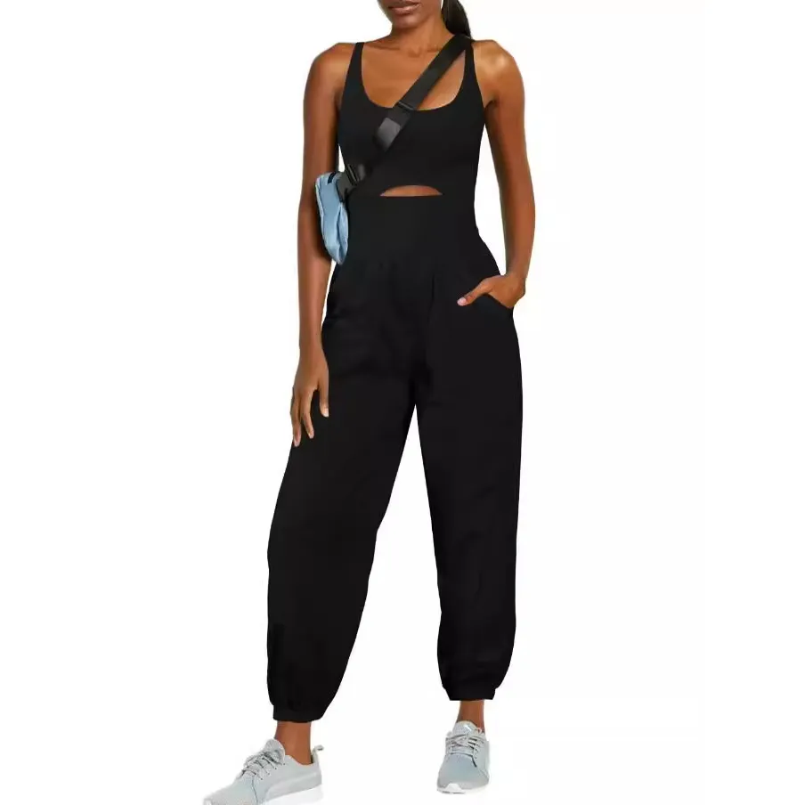 Women Fashion Casual Solid Color Cross Hollow Sports Fitness Jumpsuits