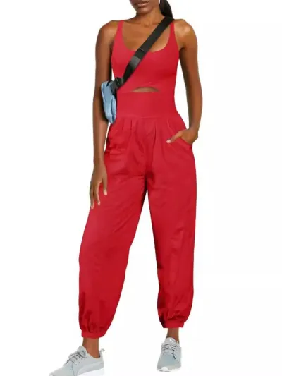 Women Fashion Casual Solid Color Cross Hollow Sports Fitness Jumpsuits