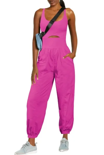 Women Fashion Casual Solid Color Cross Hollow Sports Fitness Jumpsuits