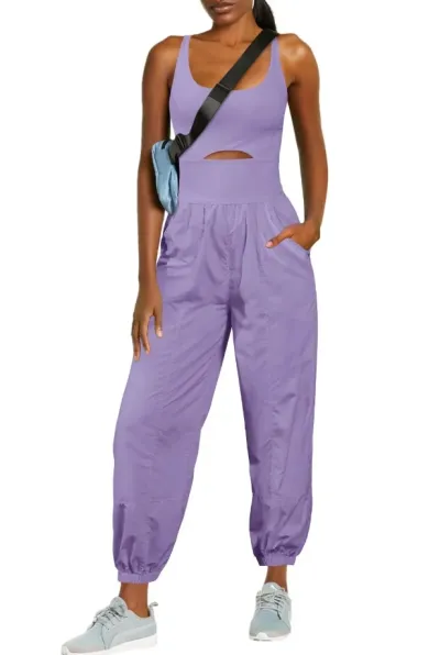 Women Fashion Casual Solid Color Cross Hollow Sports Fitness Jumpsuits