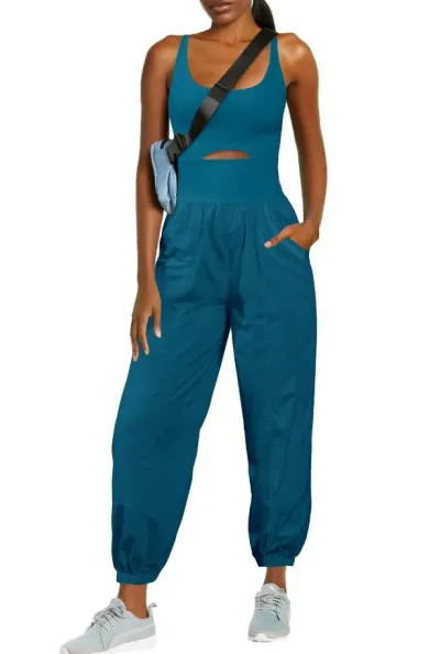 Women Fashion Casual Solid Color Cross Hollow Sports Fitness Jumpsuits