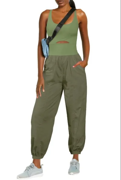 Women Fashion Casual Solid Color Cross Hollow Sports Fitness Jumpsuits