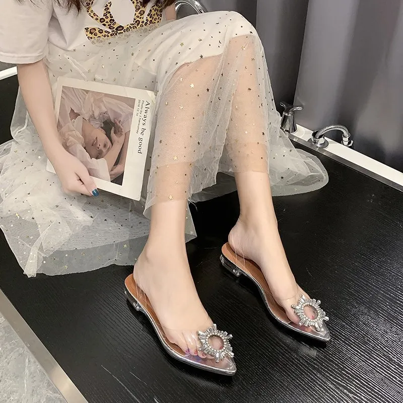Women Fashionable Plus Size Transparent Rhinestone Pointed Toe Sandals