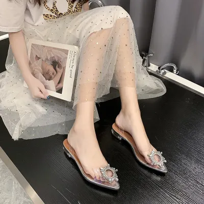 Women Fashionable Plus Size Transparent Rhinestone Pointed Toe Sandals