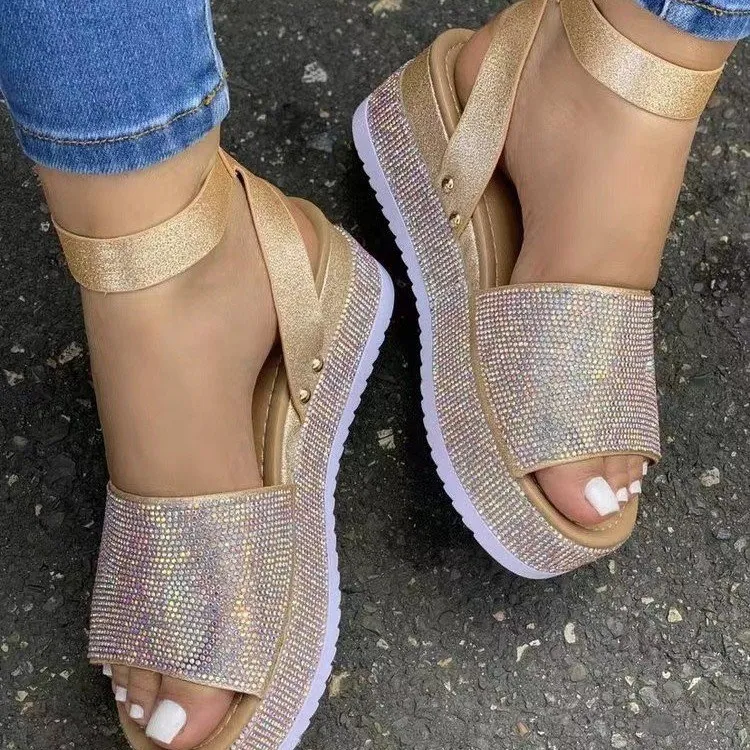 Fashionable Women Plus Size Rhinestone Thick-Soled Sandals with Round Toe