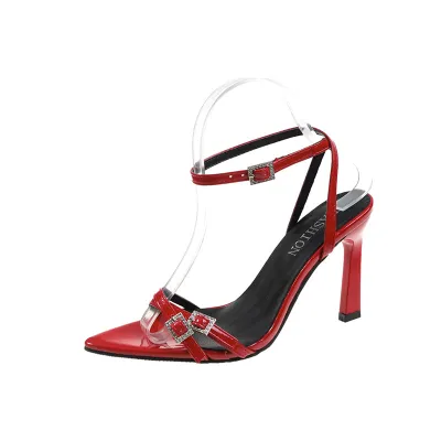 Summer Women Pointed Toe Rhinestone Buckle High Heel Sandals