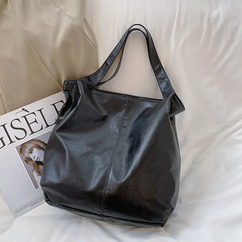 Women Fashion Retro Solid Color Large Capacity PU Tote Bag