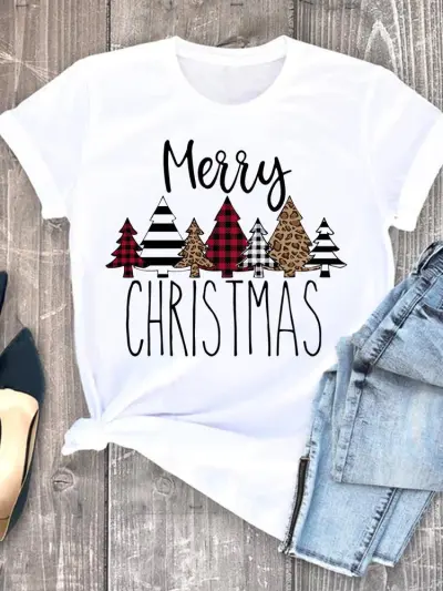Women Hipster Christmas Tree Letter Print Crewneck Short Sleeve T-Shirt