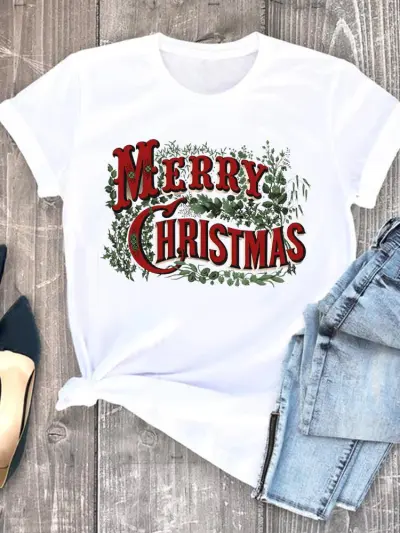 Women Hipster Christmas Tree Letter Print Crewneck Short Sleeve T-Shirt