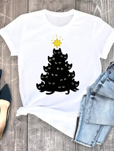Women Hipster Christmas Tree Letter Print Crewneck Short Sleeve T-Shirt