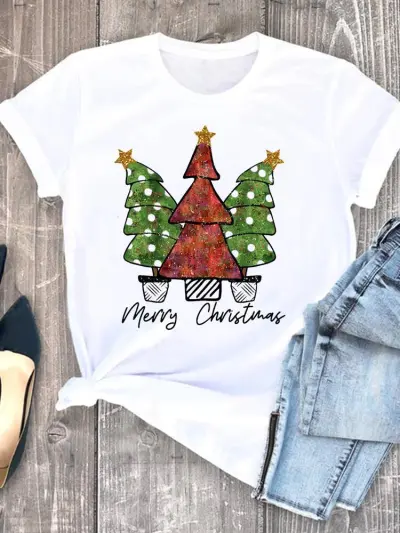 Women Hipster Christmas Tree Letter Print Crewneck Short Sleeve T-Shirt