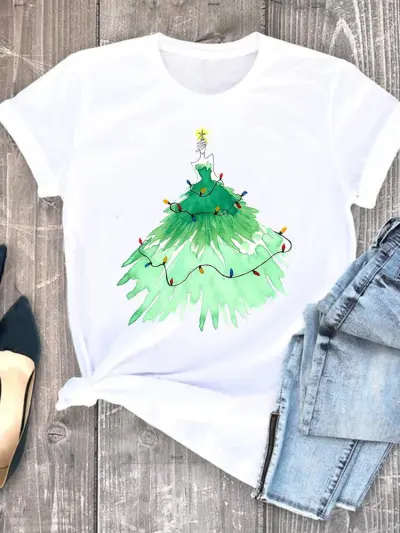 Women Hipster Christmas Tree Letter Print Crewneck Short Sleeve T-Shirt