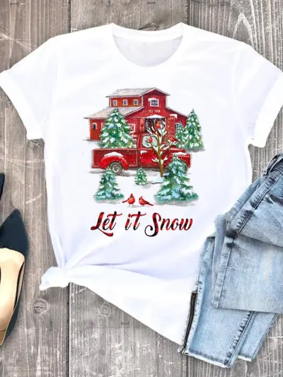Women Hipster Christmas Tree Letter Print Crewneck Short Sleeve T-Shirt