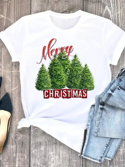 Women Hipster Christmas Tree Letter Print Crewneck Short Sleeve T-Shirt