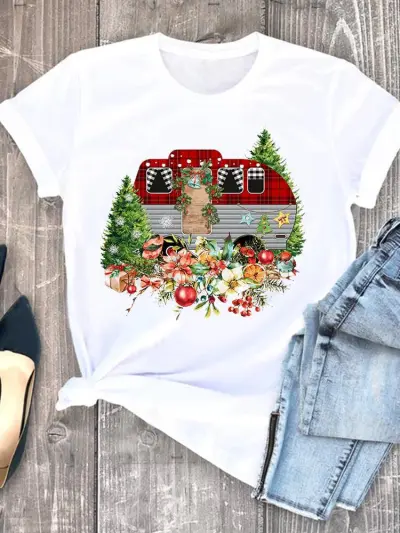Women Hipster Christmas Tree Letter Print Crewneck Short Sleeve T-Shirt