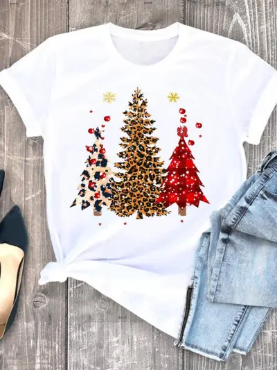 Women Hipster Christmas Tree Letter Print Crewneck Short Sleeve T-Shirt