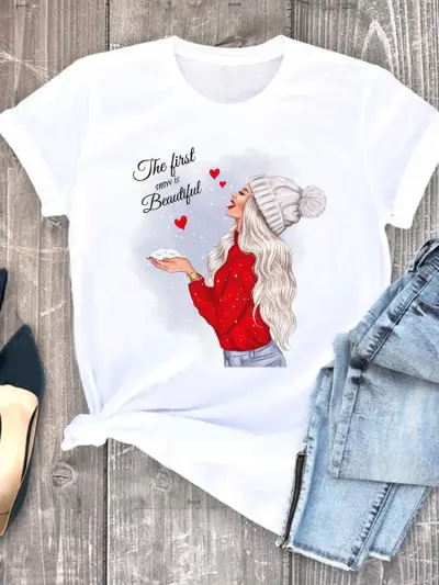 Women Hipster Christmas Tree Letter Print Crewneck Short Sleeve T-Shirt