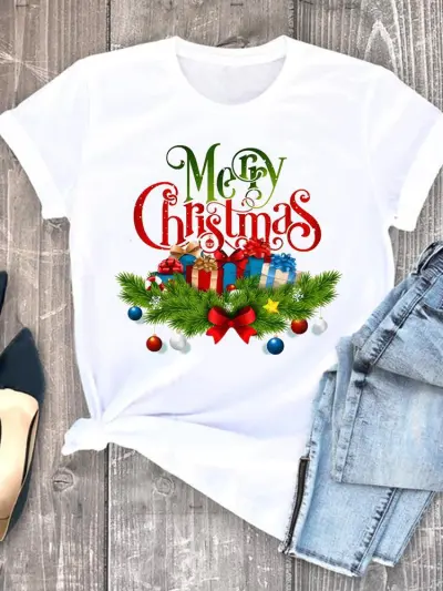 Women Hipster Christmas Tree Letter Print Crewneck Short Sleeve T-Shirt
