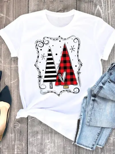 Women Hipster Christmas Tree Letter Print Crewneck Short Sleeve T-Shirt