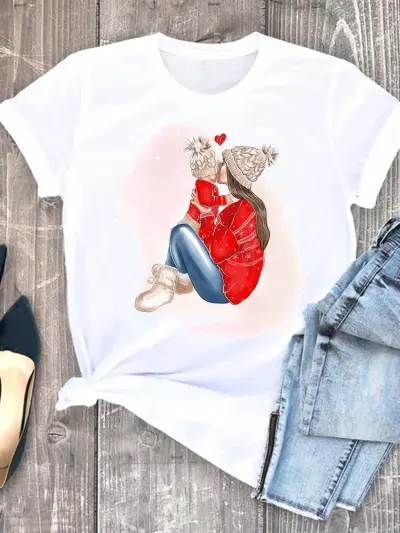 Women Hipster Christmas Tree Letter Print Crewneck Short Sleeve T-Shirt