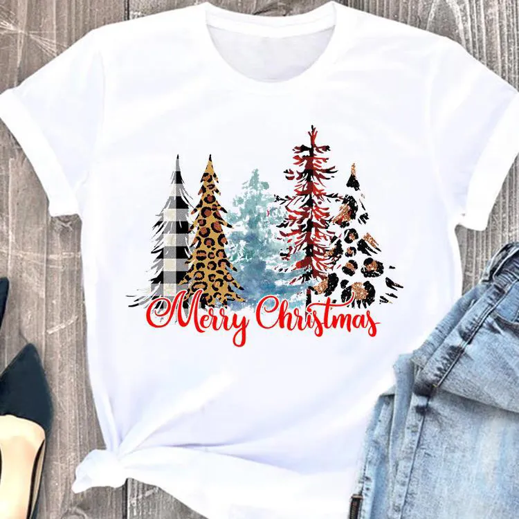 Women Hipster Christmas Tree Letter Print Crewneck Short Sleeve T-Shirt
